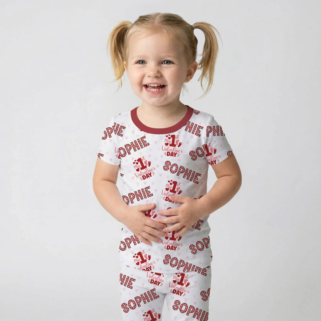 Custom Name My 1st Valentine's Day Two Piece Short Sleeve Pajama Set