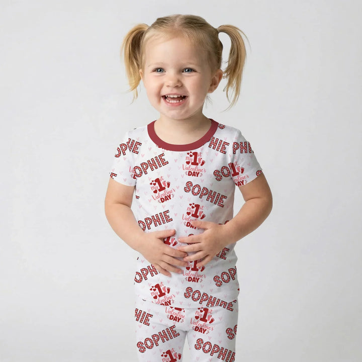 Custom Name My 1st Valentine's Day Two Piece Short Sleeve Pajama Set