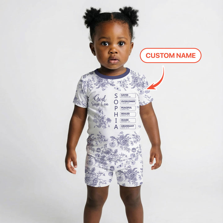 God Says I Am – Faith in Bloom Custom Name and Affirmations Two Piece Short Sleeve Shorts Pajama Set