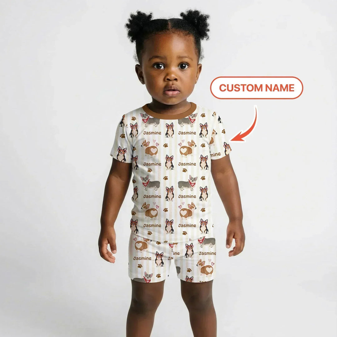 Custom Name Playful Corgis Family Matching Bamboo Two Piece Short Sleeve Shorts Pajama Set