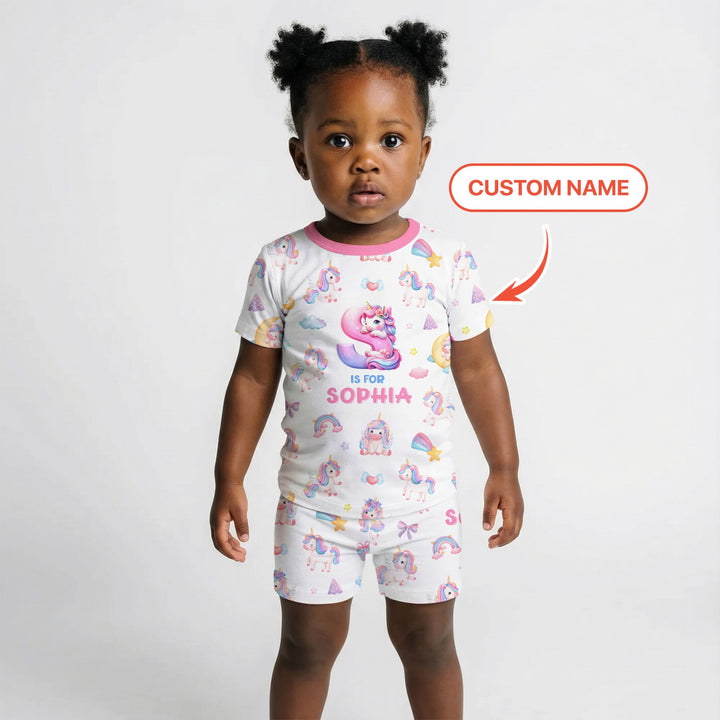 Unicorn Dreams Custom Name Two Piece Short Sleeve Shorts Pajama Set