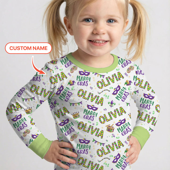 Custom Name Make your own Mardi Gras Two Piece Long Sleeve Pajama Set