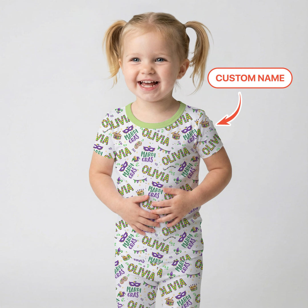 Custom Name Make your own Mardi Gras Two Piece Short Sleeve Pajama Set