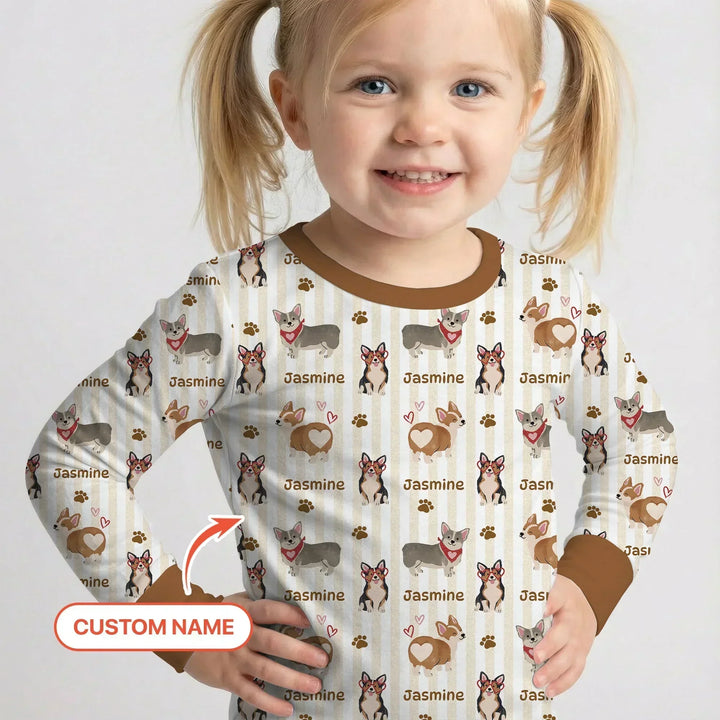 Custom Name Playful Corgis Family Matching Two Piece Long Sleeve Pajama Set