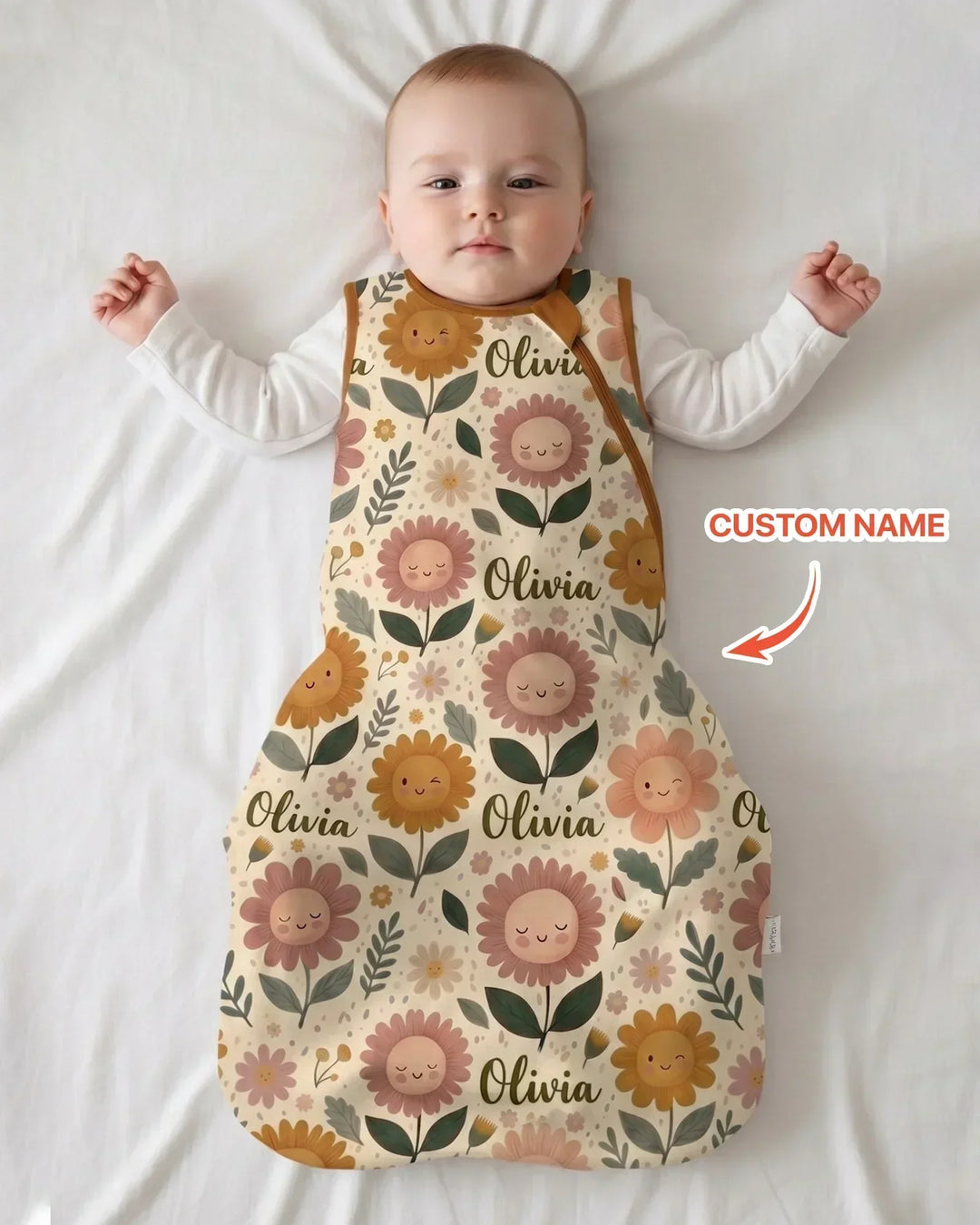 Saco de dormir de bambú personalizado con nombre, para bebé, con flores
