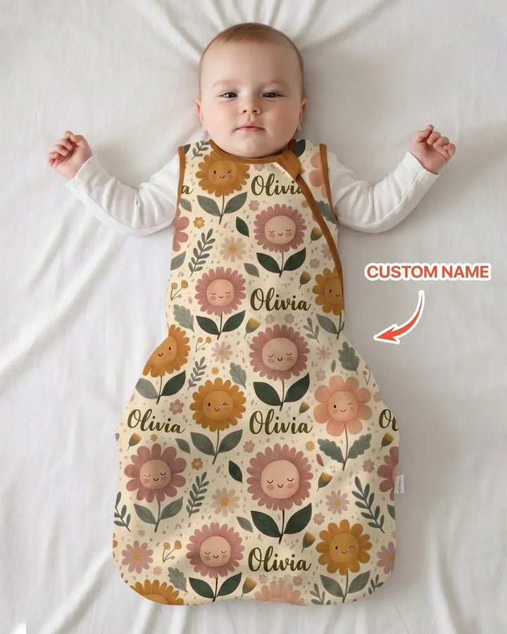 Saco de dormir de bambú personalizado con nombre, para bebé, con flores