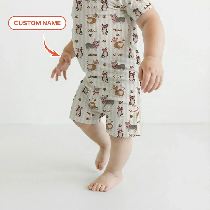 Custom Name Playful Corgis Family Matching Bamboo Two Piece Short Sleeve Shorts Pajama Set