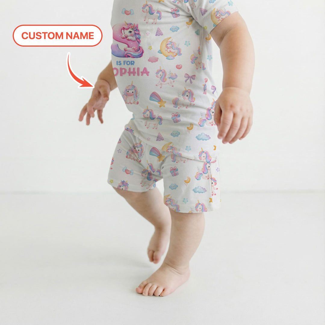 Unicorn Dreams Custom Name Two Piece Short Sleeve Shorts Pajama Set
