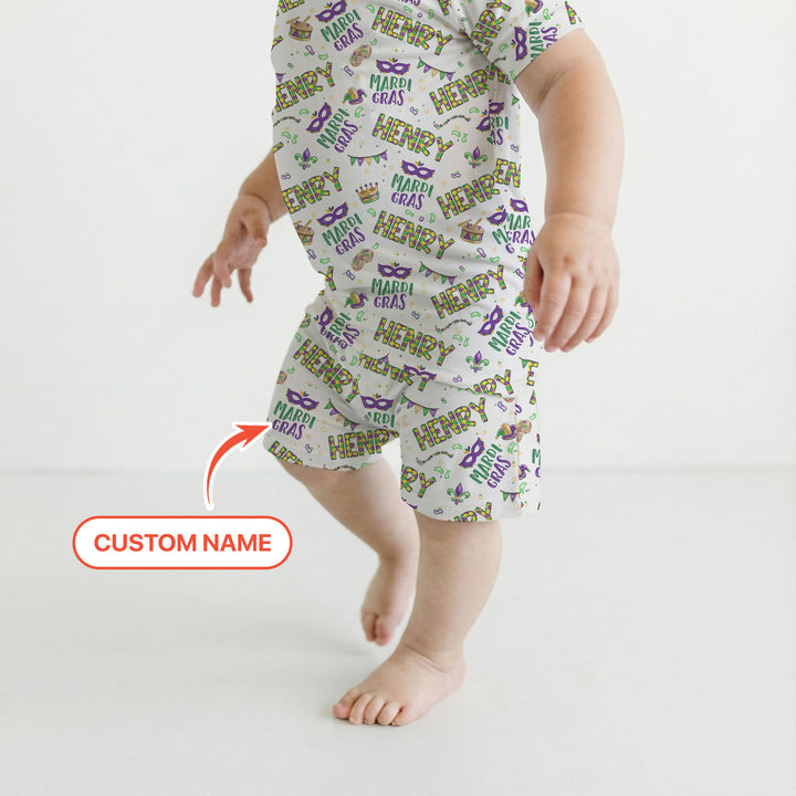Custom Name Make your own Mardi Gras Two Piece Short Sleeve Shorts Pajama Set