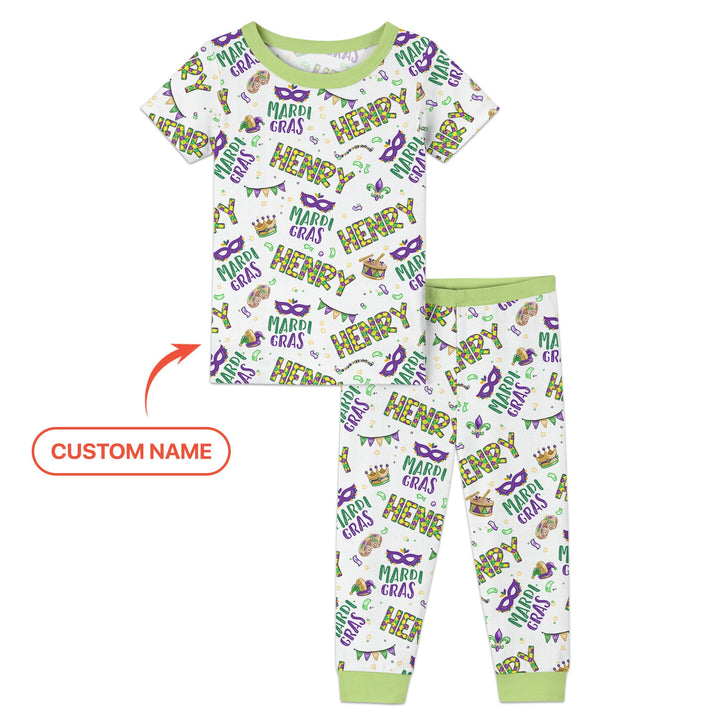 Custom Name Make your own Mardi Gras Two Piece Short Sleeve Pajama Set