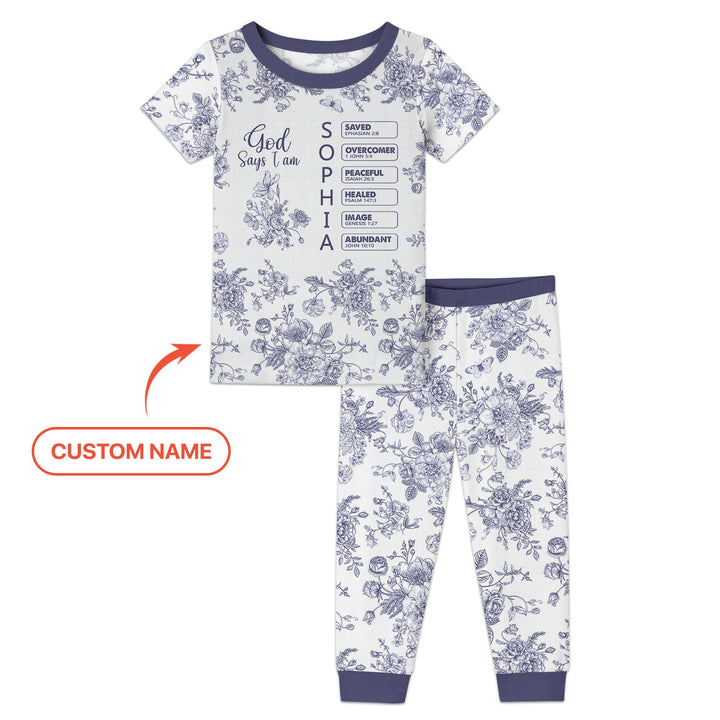 God Says I Am – Faith in Bloom Custom Name and Affirmations Two Piece Short Sleeve Pajama Set