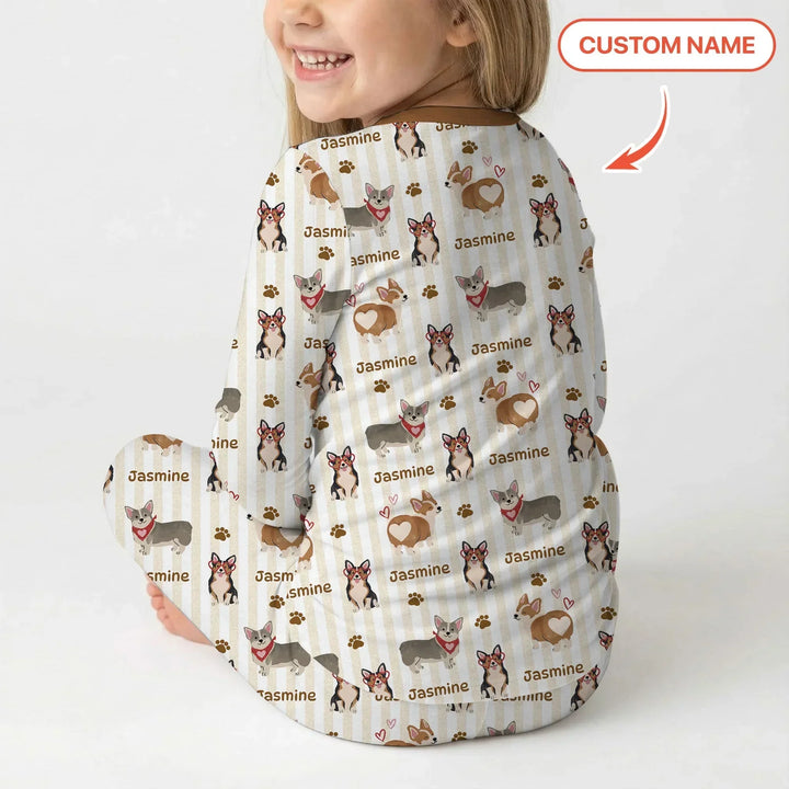 Custom Name Playful Corgis Family Matching Two Piece Long Sleeve Pajama Set