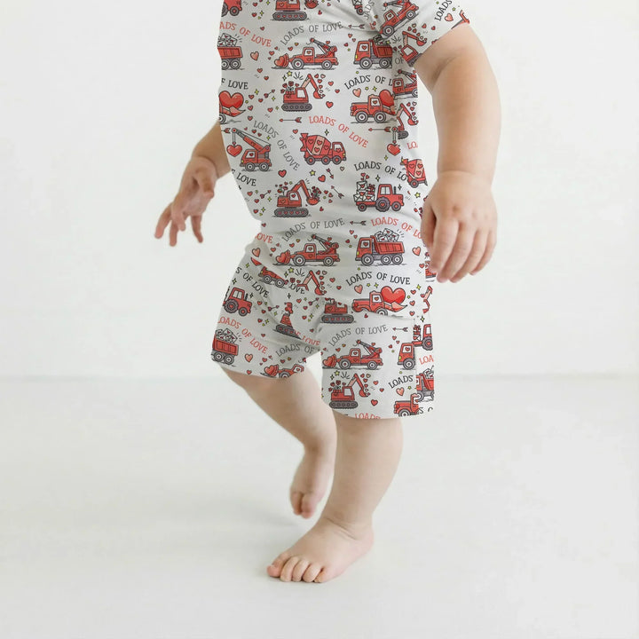 Construction Trucks Loads of Love Two Piece Short Sleeve Shorts Pajama Set