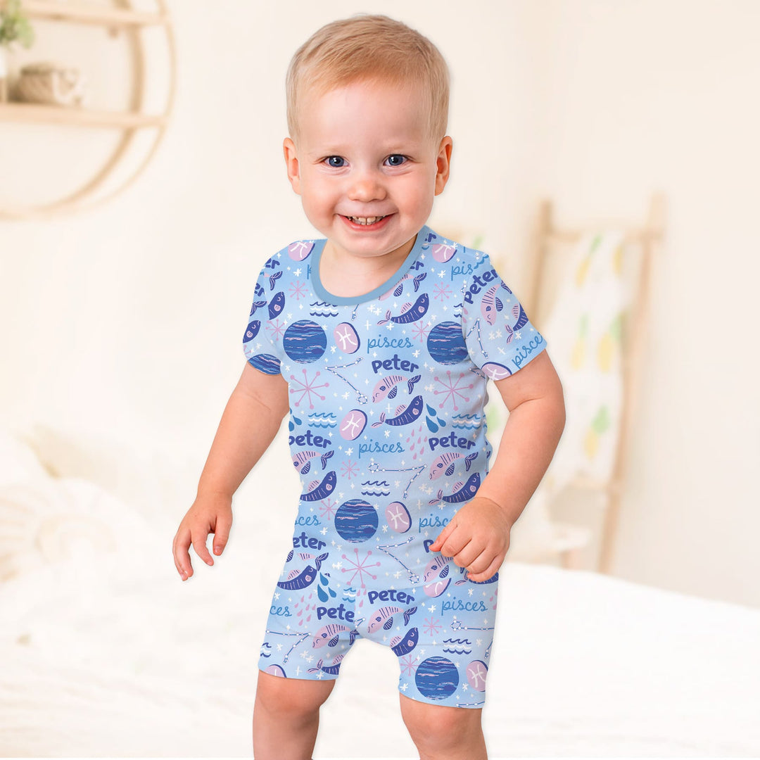 Custom Name Zodiac Pisces Two Piece Short Sleeve Shorts Pajama Set