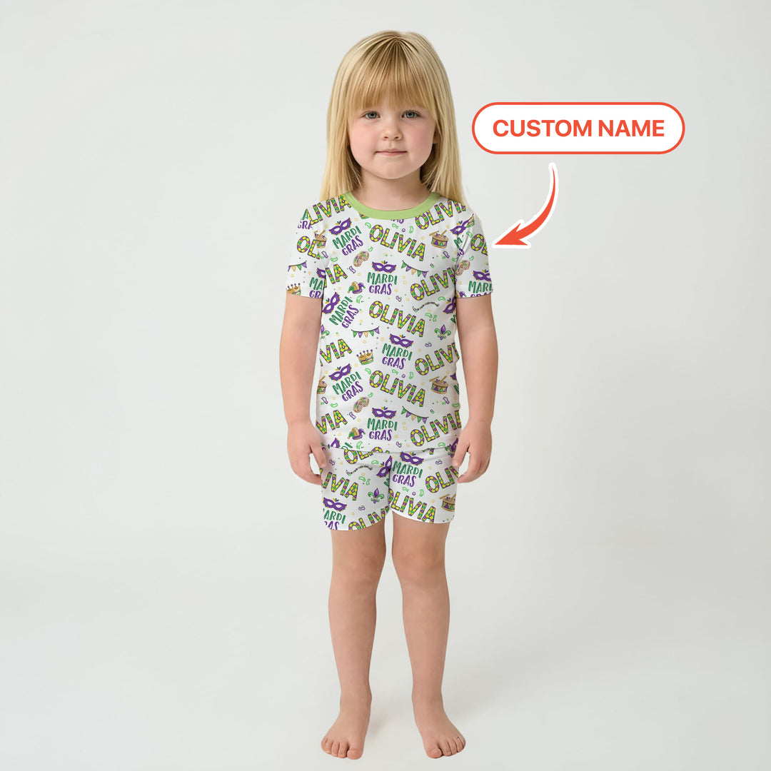 Custom Name Make your own Mardi Gras Two Piece Short Sleeve Shorts Pajama Set