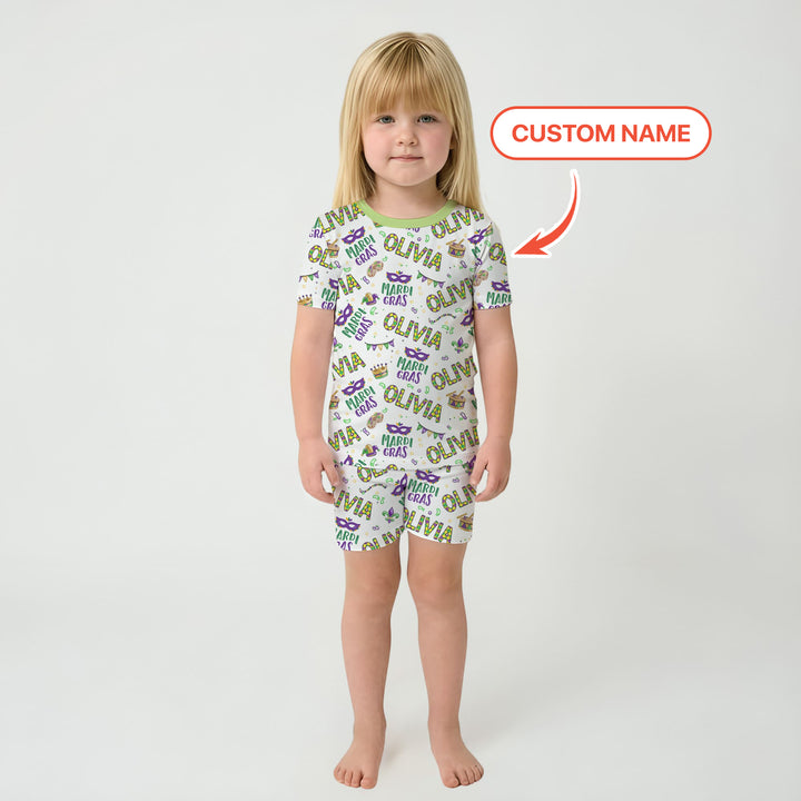 Custom Name Make your own Mardi Gras Two Piece Short Sleeve Shorts Pajama Set