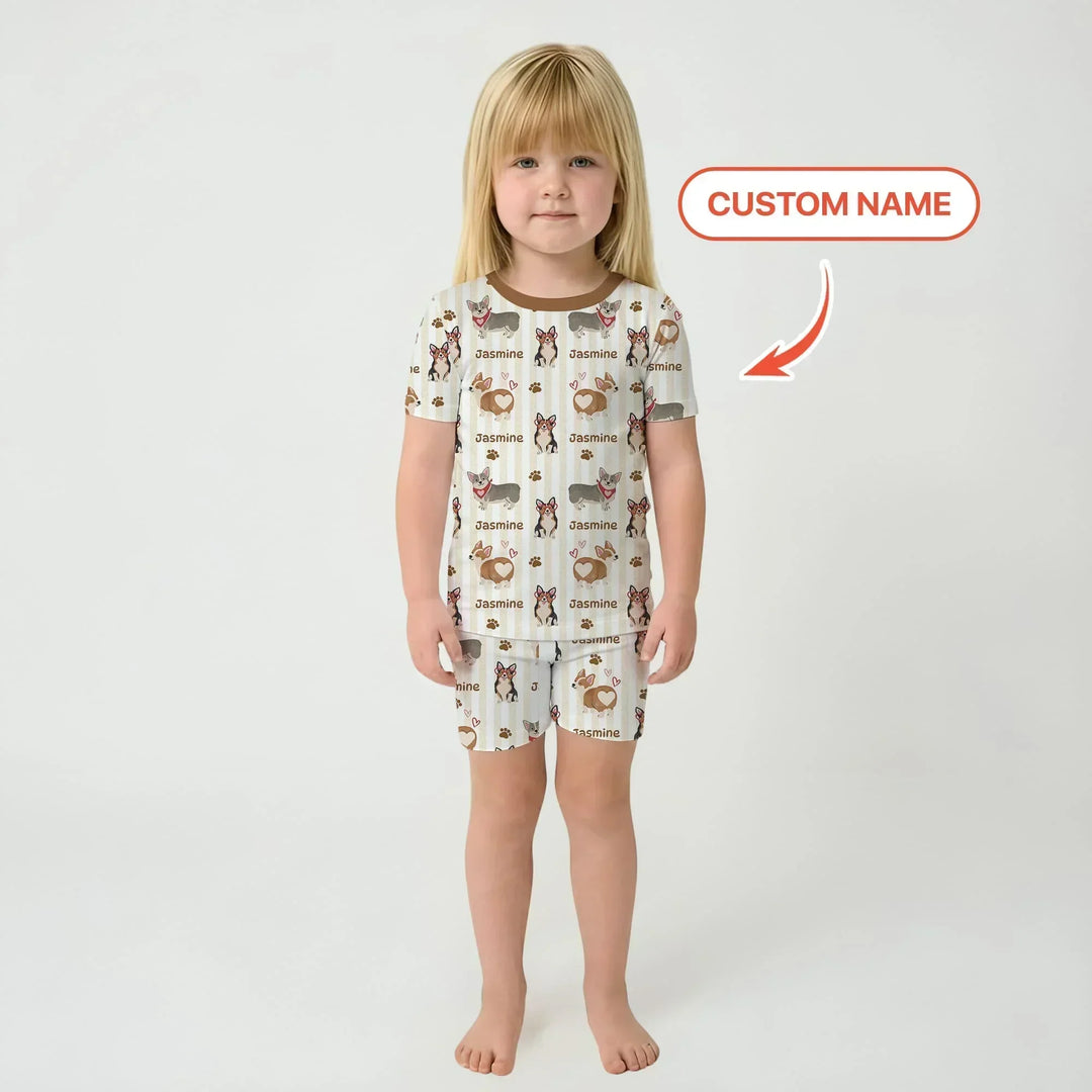 Custom Name Playful Corgis Family Matching Bamboo Two Piece Short Sleeve Shorts Pajama Set