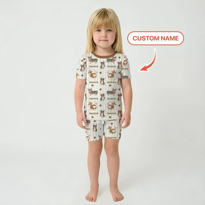 Custom Name Playful Corgis Family Matching Bamboo Two Piece Short Sleeve Shorts Pajama Set