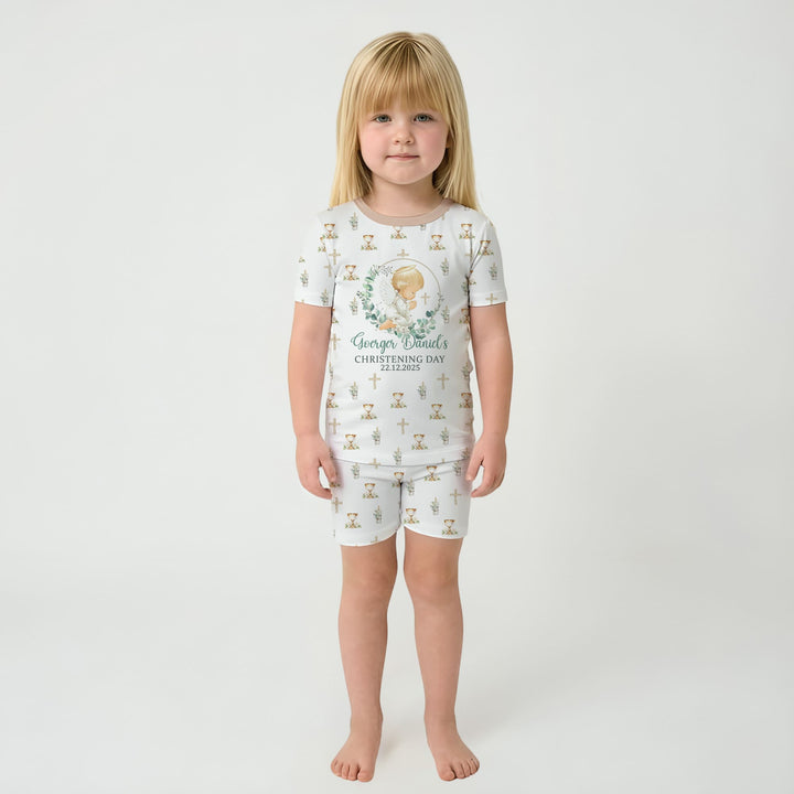 First Christening Day Custom Name Two Piece Short Sleeve Shorts Pajama Set