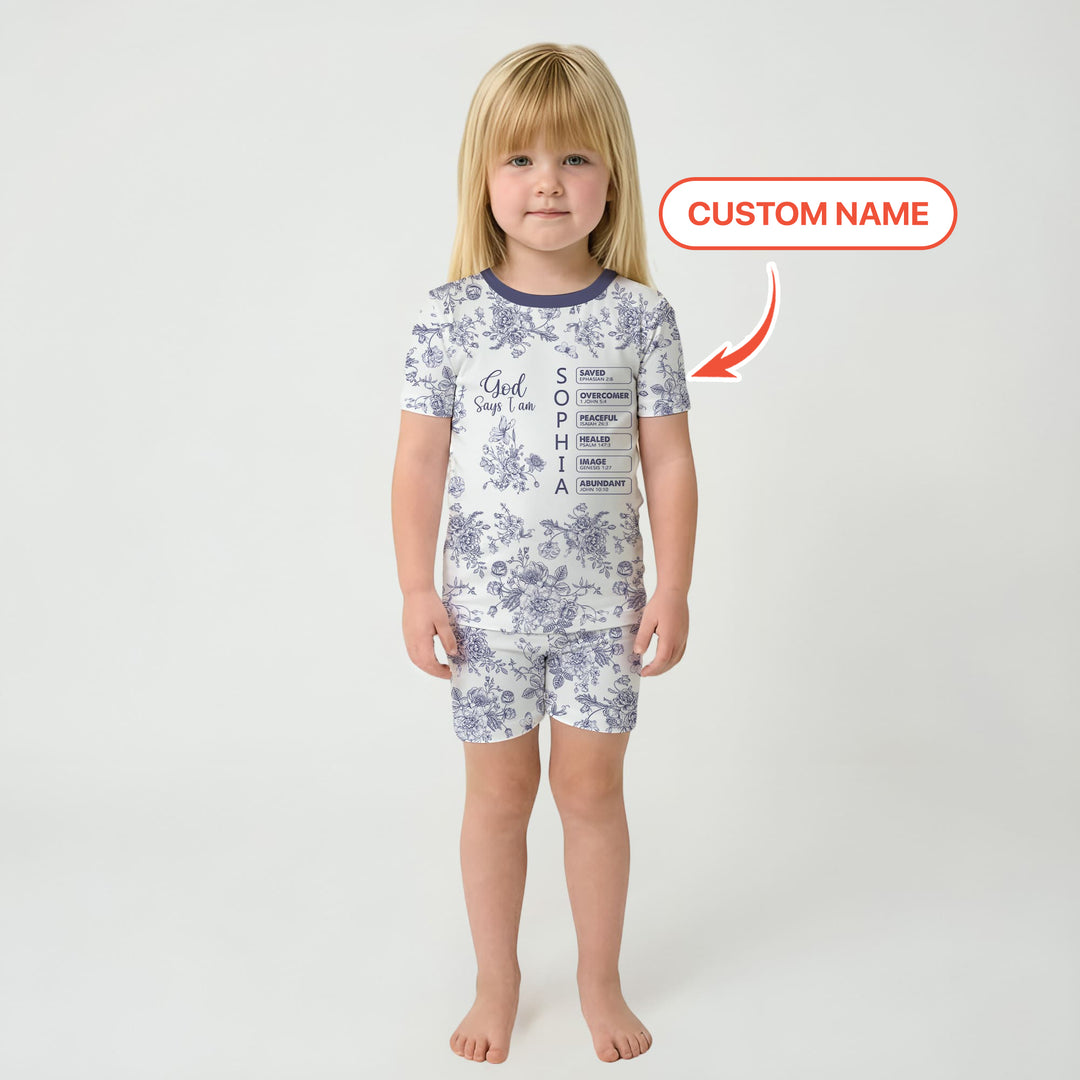 God Says I Am – Faith in Bloom Custom Name and Affirmations Two Piece Short Sleeve Shorts Pajama Set