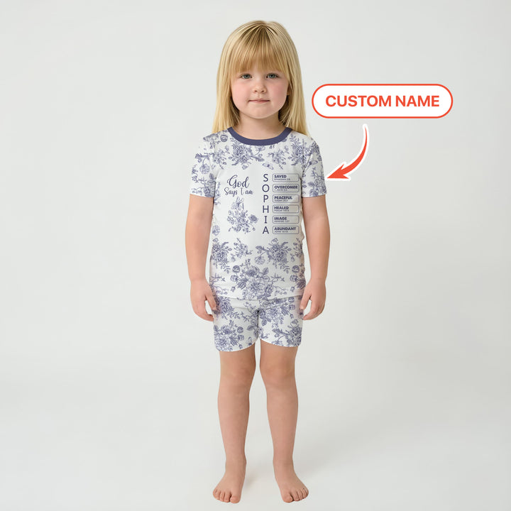God Says I Am – Faith in Bloom Custom Name and Affirmations Two Piece Short Sleeve Shorts Pajama Set