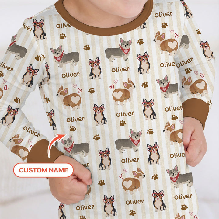 Custom Name Playful Corgis Family Matching Two Piece Long Sleeve Pajama Set