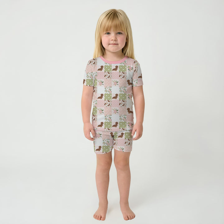 Floral Dachshund Grace Two Piece Short Sleeve Shorts Pajama Set