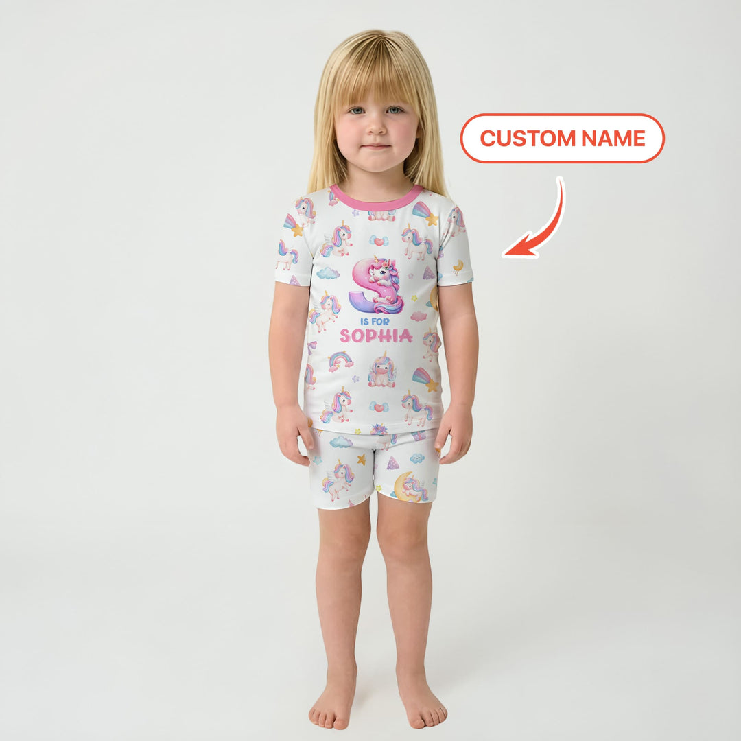 Unicorn Dreams Custom Name Two Piece Short Sleeve Shorts Pajama Set