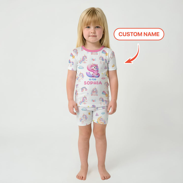 Unicorn Dreams Custom Name Two Piece Short Sleeve Shorts Pajama Set