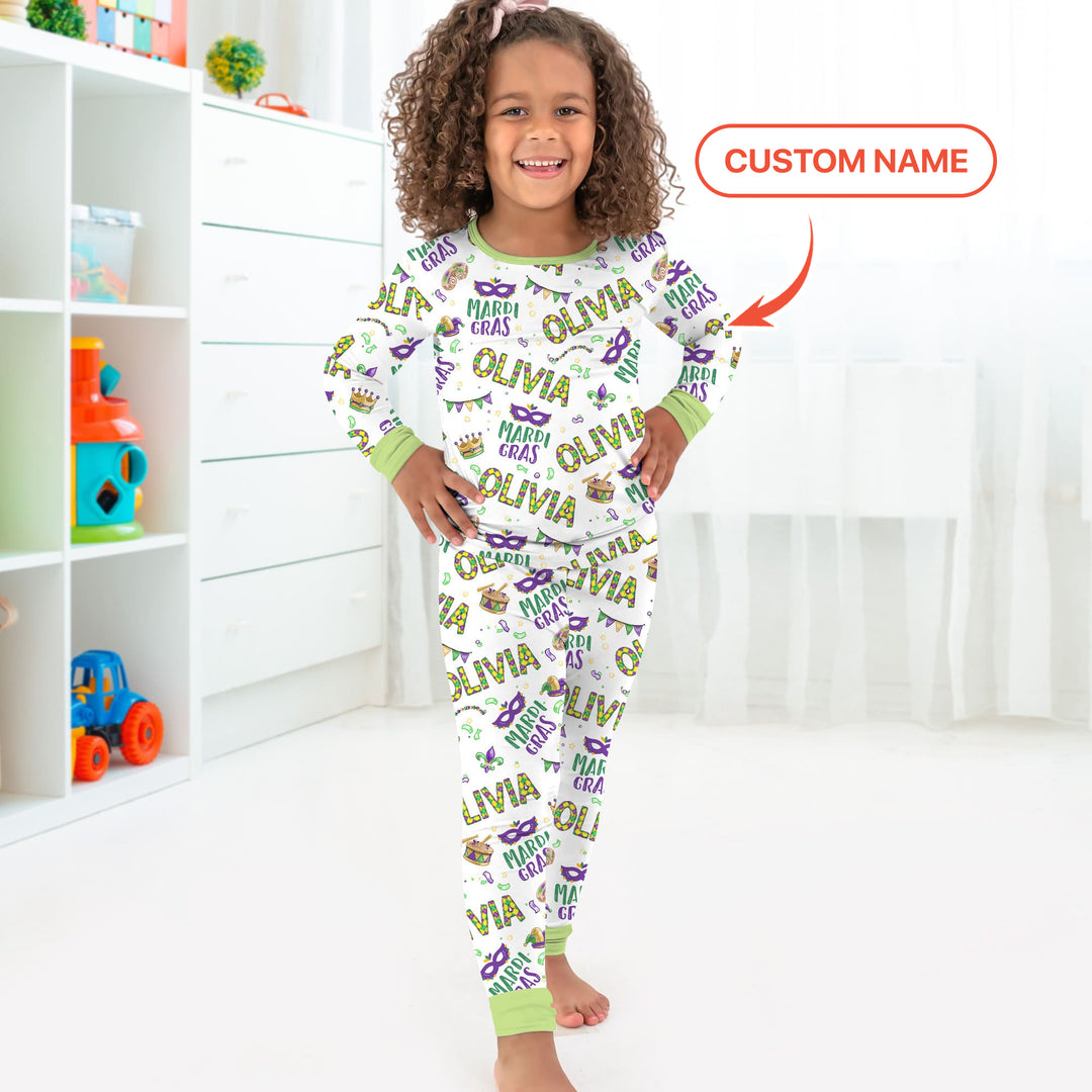 Custom Name Make your own Mardi Gras Two Piece Long Sleeve Pajama Set