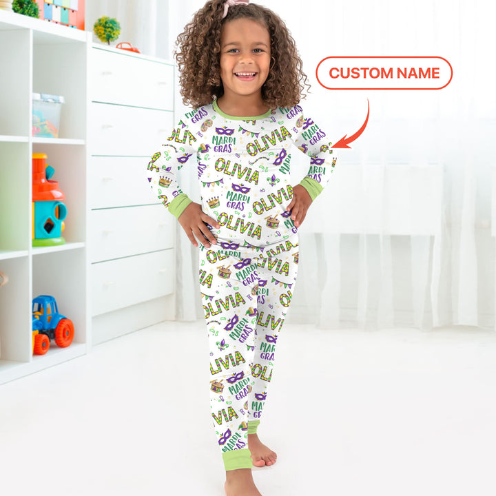 Custom Name Make your own Mardi Gras Two Piece Long Sleeve Pajama Set