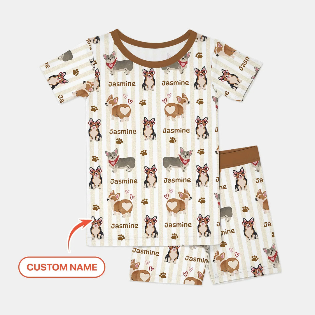 Custom Name Playful Corgis Family Matching Bamboo Two Piece Short Sleeve Shorts Pajama Set