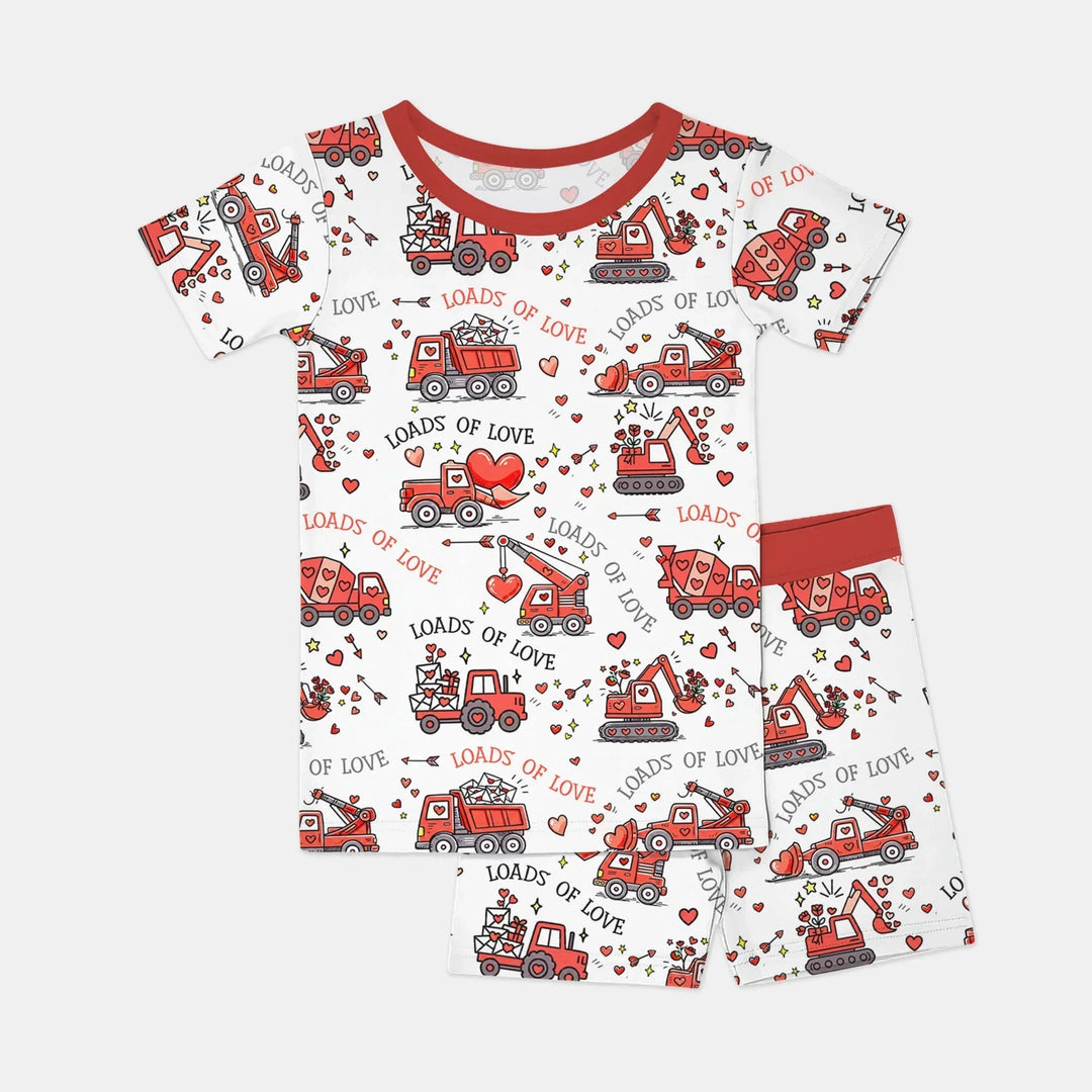 Construction Trucks Loads of Love Two Piece Short Sleeve Shorts Pajama Set