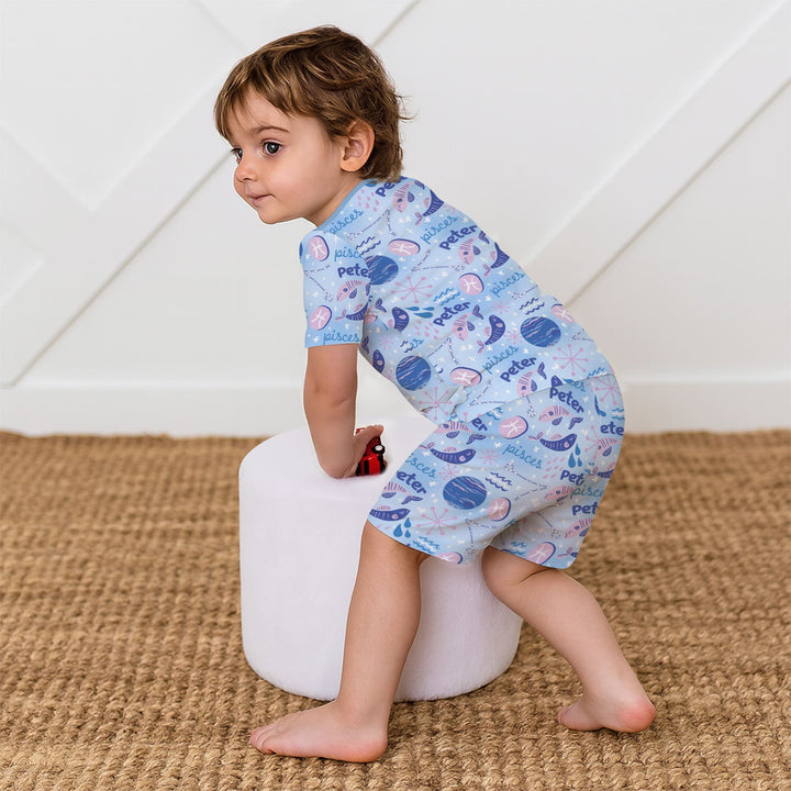 Custom Name Zodiac Pisces Two Piece Short Sleeve Shorts Pajama Set