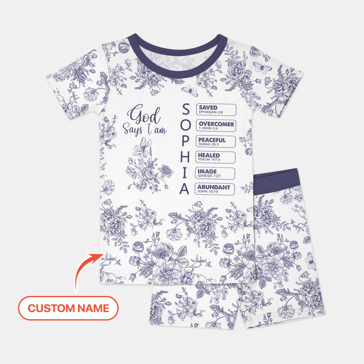 God Says I Am – Faith in Bloom Custom Name and Affirmations Two Piece Short Sleeve Shorts Pajama Set