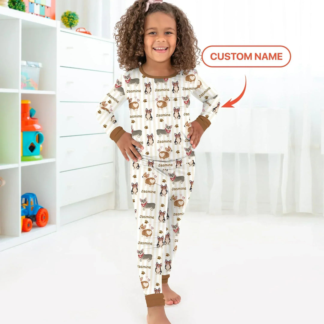 Custom Name Playful Corgis Family Matching Two Piece Long Sleeve Pajama Set