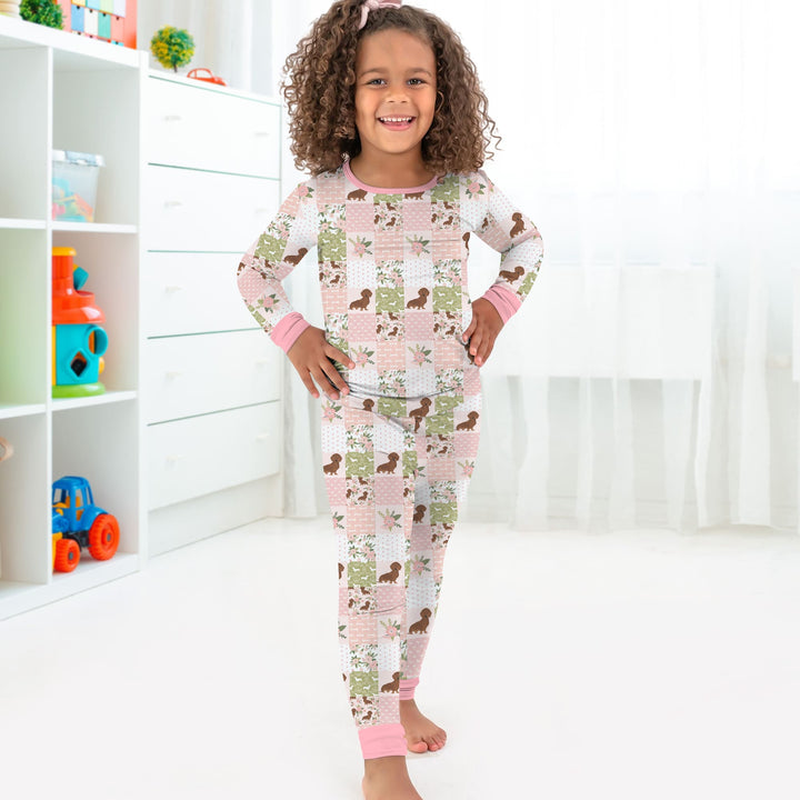 Floral Dachshund Grace Two Piece Long Sleeve Pajama Set