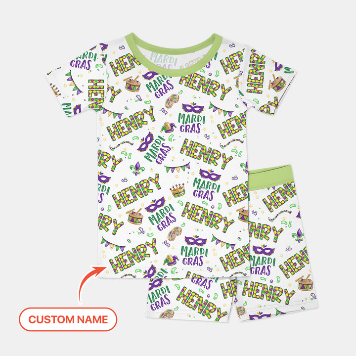 Custom Name Make your own Mardi Gras Two Piece Short Sleeve Shorts Pajama Set