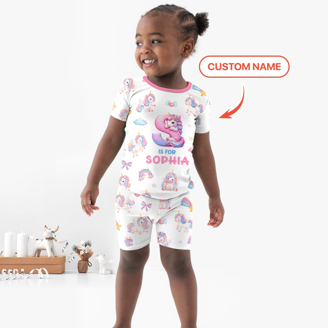 Unicorn Dreams Custom Name Two Piece Short Sleeve Shorts Pajama Set
