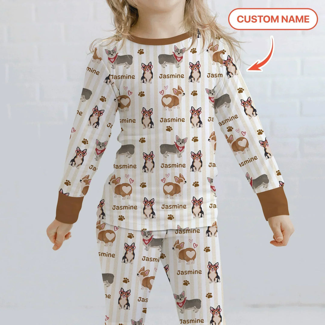 Custom Name Playful Corgis Family Matching Two Piece Long Sleeve Pajama Set