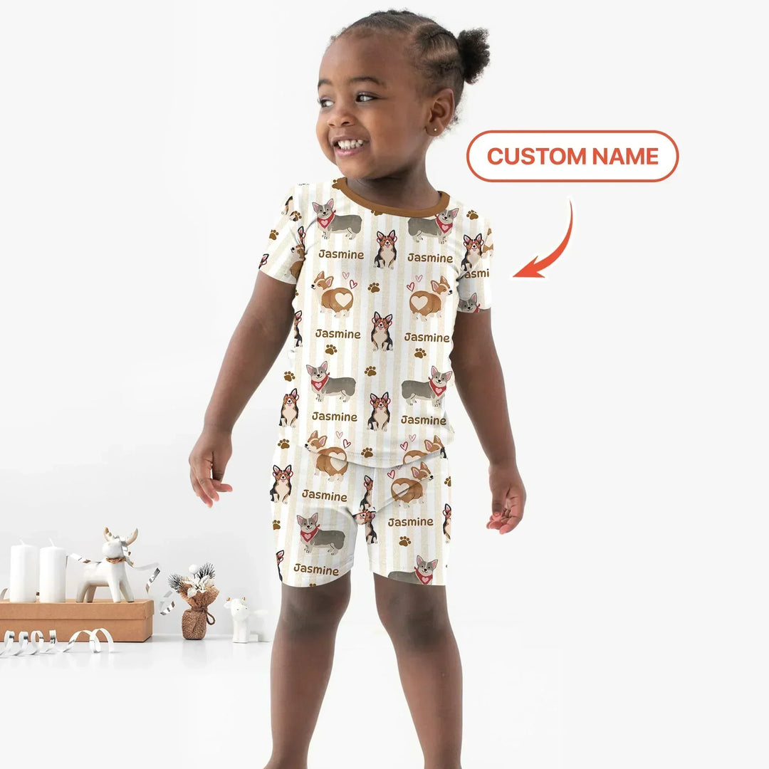 Custom Name Playful Corgis Family Matching Bamboo Two Piece Short Sleeve Shorts Pajama Set
