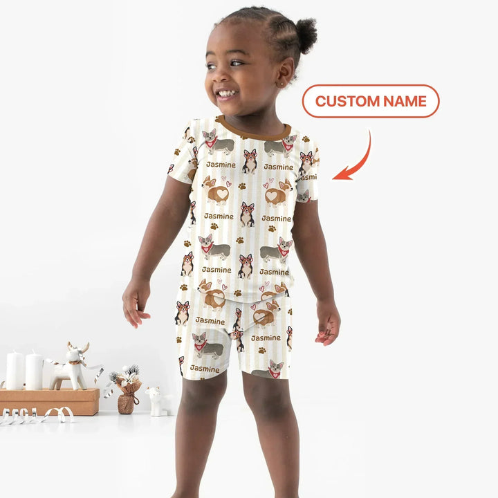 Custom Name Playful Corgis Family Matching Bamboo Two Piece Short Sleeve Shorts Pajama Set