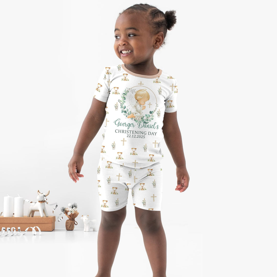 First Christening Day Custom Name Two Piece Short Sleeve Shorts Pajama Set