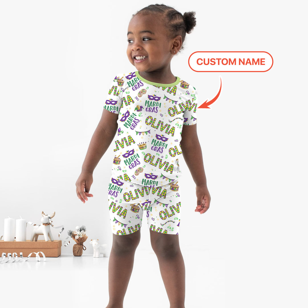 Custom Name Make your own Mardi Gras Two Piece Short Sleeve Shorts Pajama Set