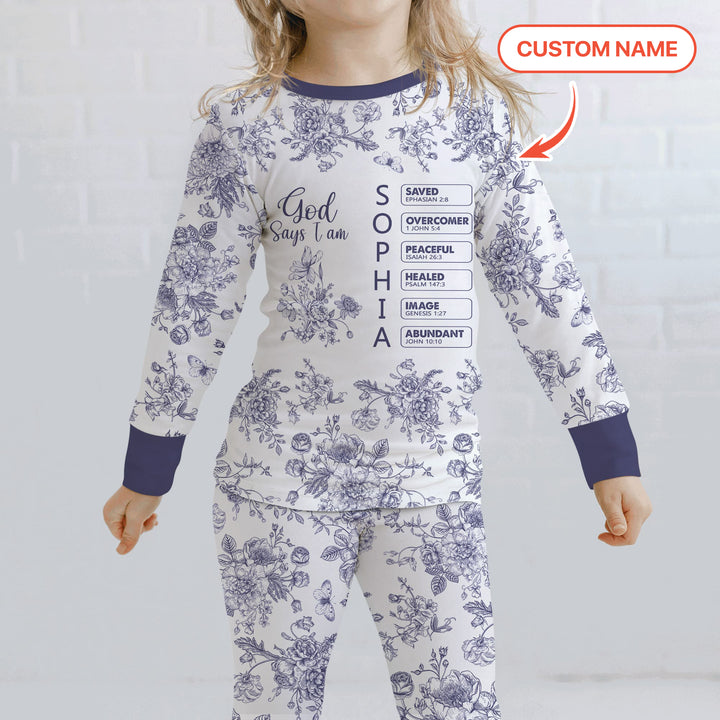 God Says I Am – Faith in Bloom Custom Name and Affirmations Two Piece Long Sleeve Pajama Set