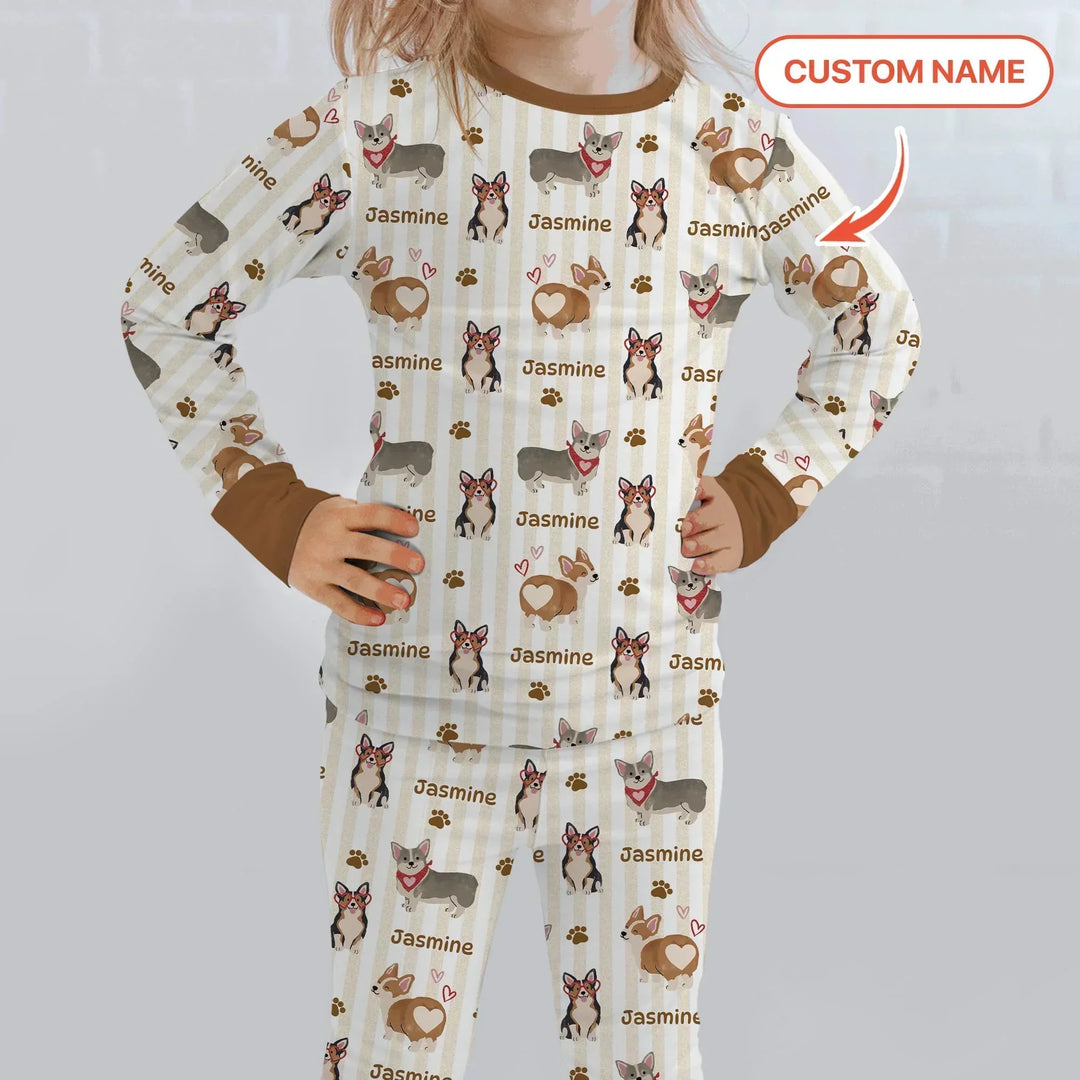 Custom Name Playful Corgis Family Matching Two Piece Long Sleeve Pajama Set