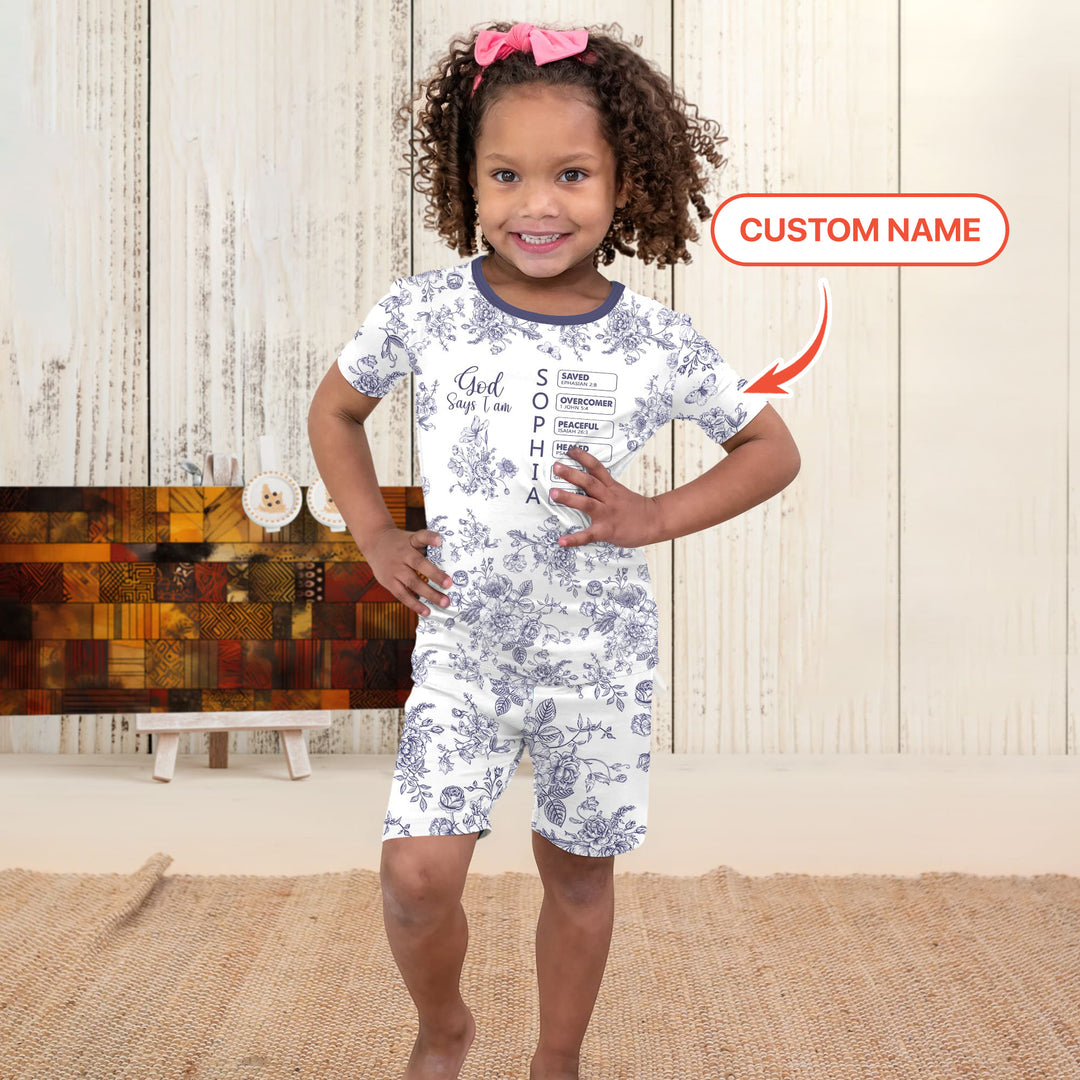 God Says I Am – Faith in Bloom Custom Name and Affirmations Two Piece Short Sleeve Shorts Pajama Set
