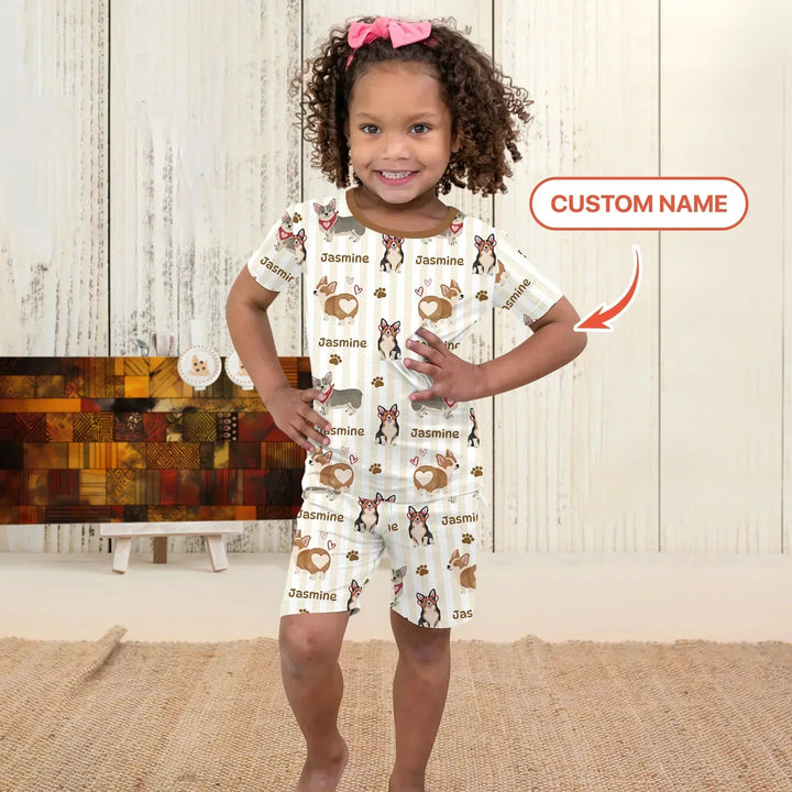 Custom Name Playful Corgis Family Matching Bamboo Two Piece Short Sleeve Shorts Pajama Set