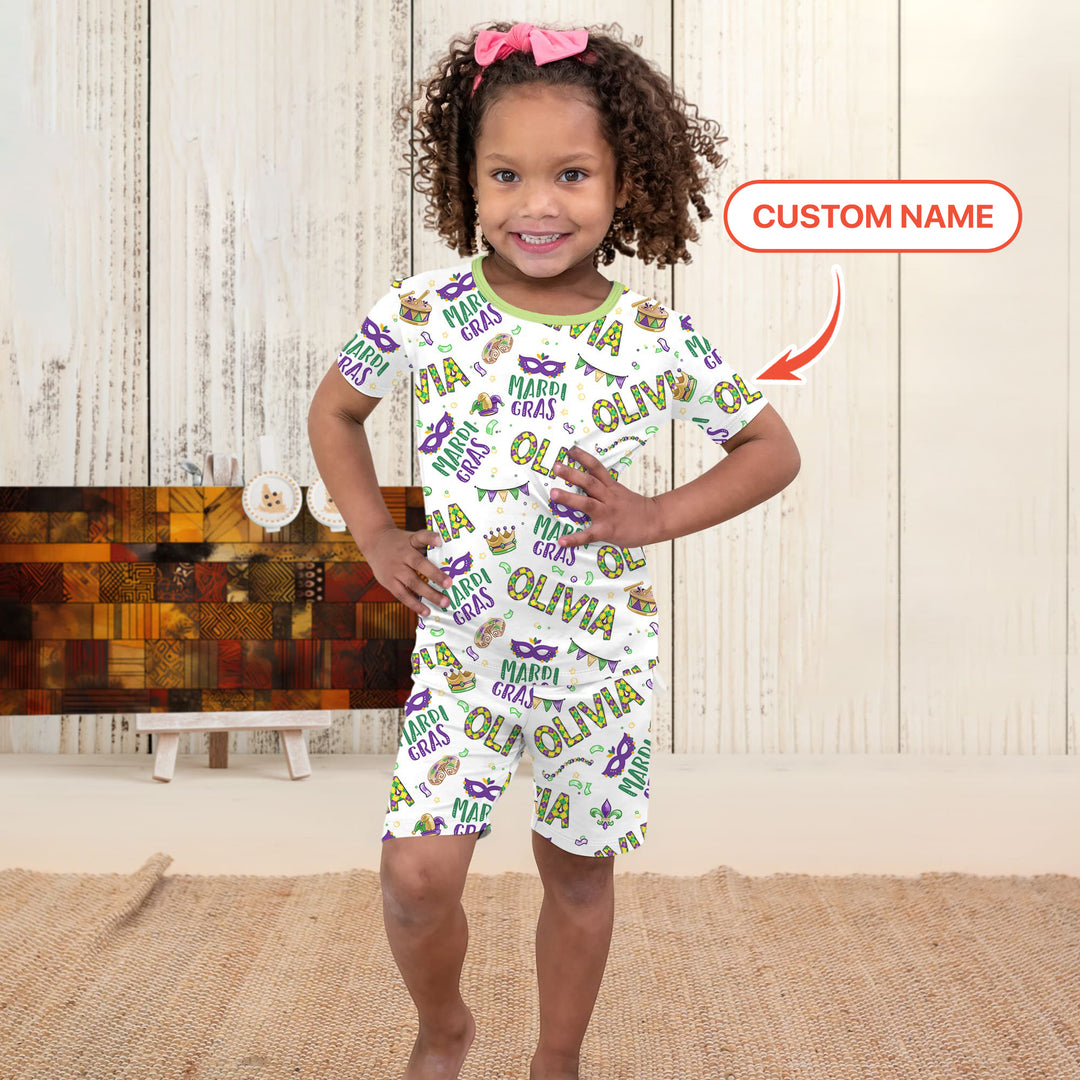 Custom Name Make your own Mardi Gras Two Piece Short Sleeve Shorts Pajama Set