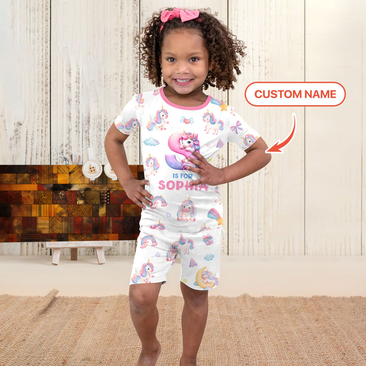Unicorn Dreams Custom Name Two Piece Short Sleeve Shorts Pajama Set